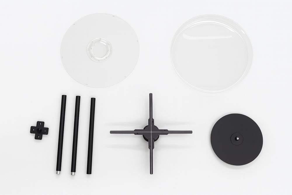 De onderdelen van het hologram: rotor, beschermkap, standaard en voet